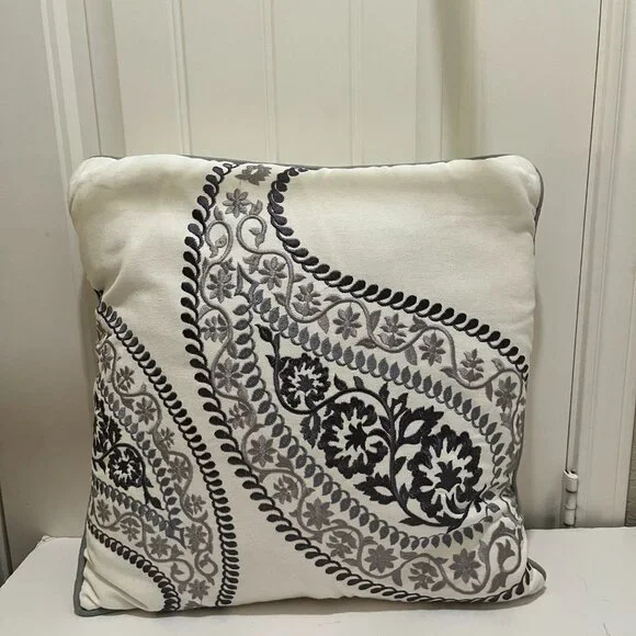 Harbor House Stella White Navy Paisley Embroidered Square Bed Throw Pillow 17X17