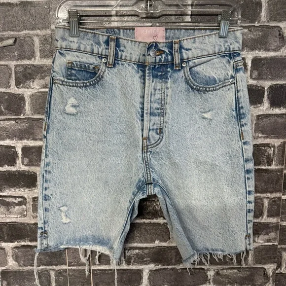 Revice Beverly Drive Button Fly Long Bermuda Denim Jean Shorts distressed