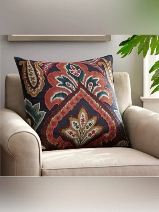 Pottery Barn set of 2 cushion covers 24x24” Linen Paisley embroidery pillow