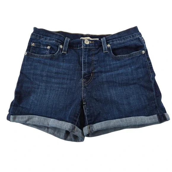 Levis Womens 28 Mid Length Denim Shorts Dark Wash Cuffed Blue Jean Shorts