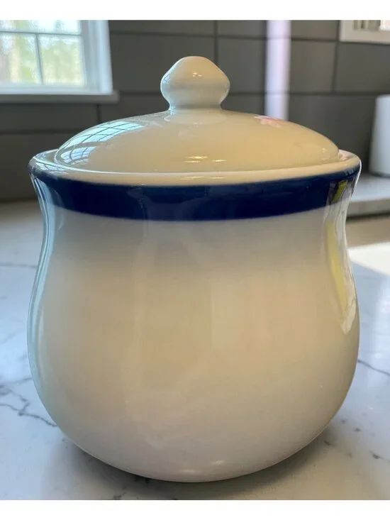 Pottery Barn White Ceramic Sugar Bowl With Lid Blue Rim 4 Inches Tall Made In Ch