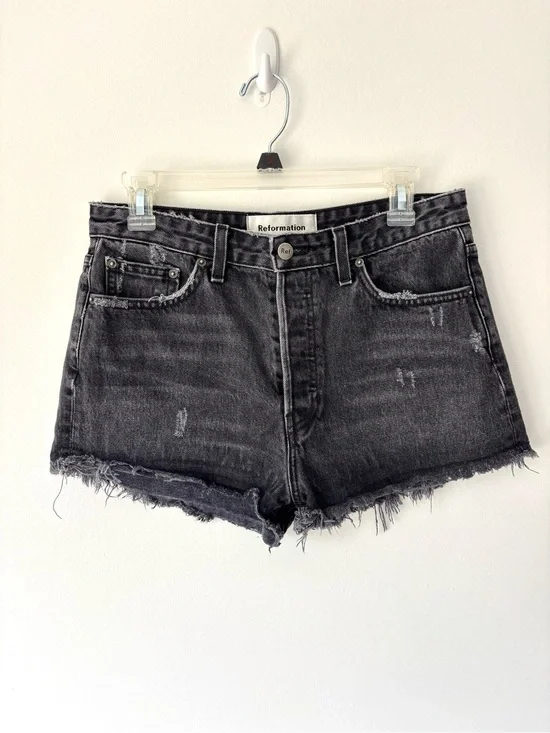 Reformation Black Denim Jean Shorts High Waist Cut Off Distressed