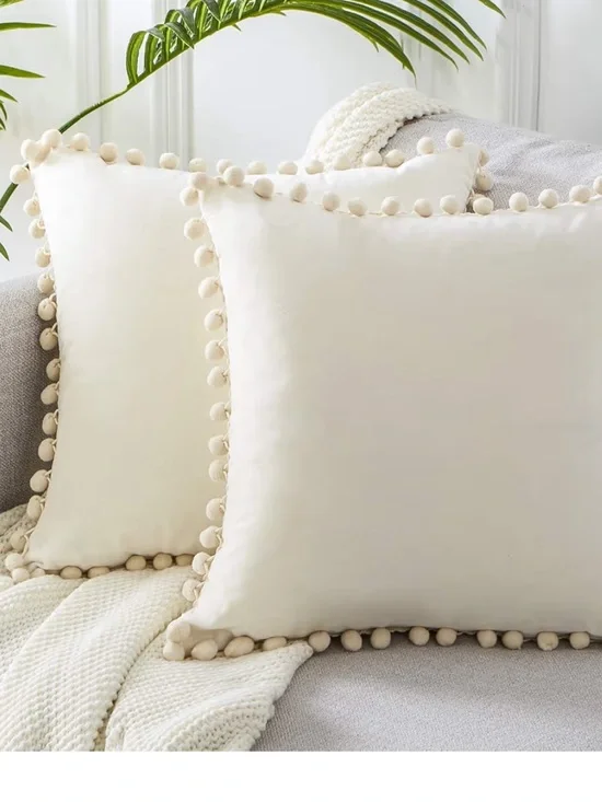 Cream Pom Pom Throw Pillow Covers - Set of 2 18”