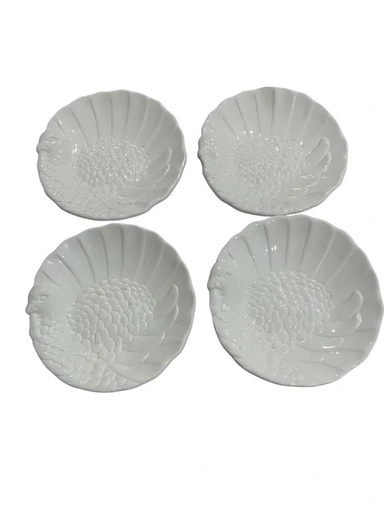 Pottery Barn Turkey Appetizer Plates Set of 4 White Embossed Thanksgiving 7”