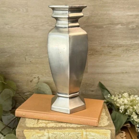 Pottery Barn Estate Vase Tall Hexagonal Silver Cast Aluminum Matte Finish Decor
