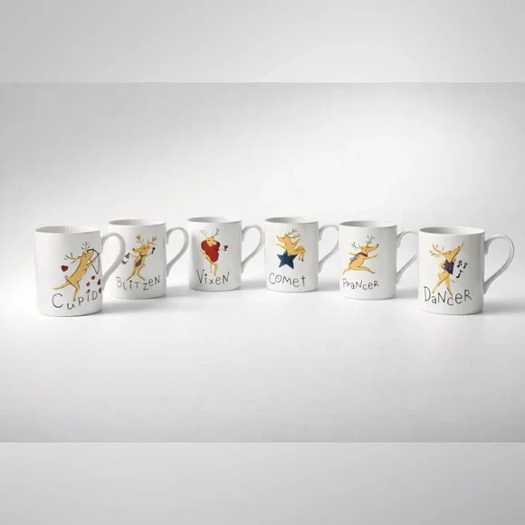 Pottery Barn Reindeer Mugs Set of 6 - Whimsical Retired Holiday NWOB