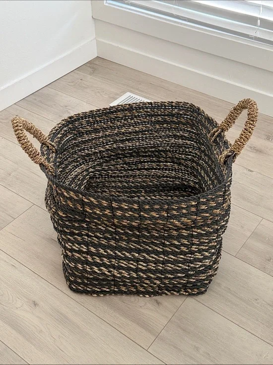 Pottery Barn Woven Seagrass Storage Basket with Handles - Black & Natural