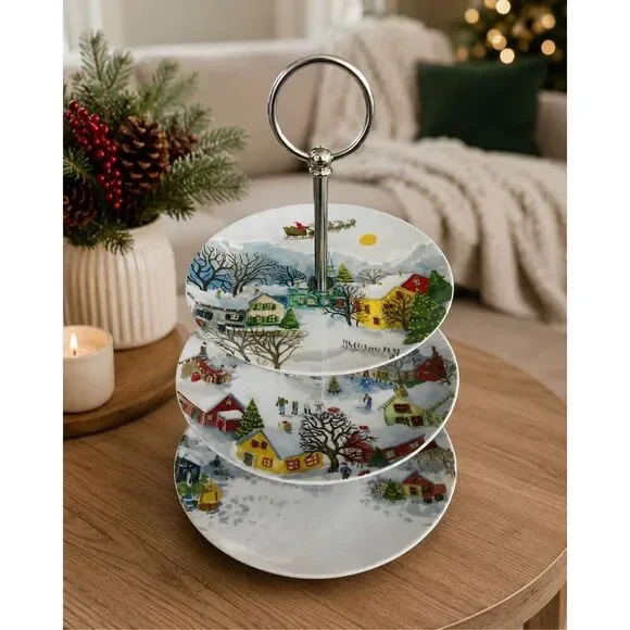 Pottery Barn Christmas Winter Village 3 Tier Tidbit Server Tray Cake Stand
