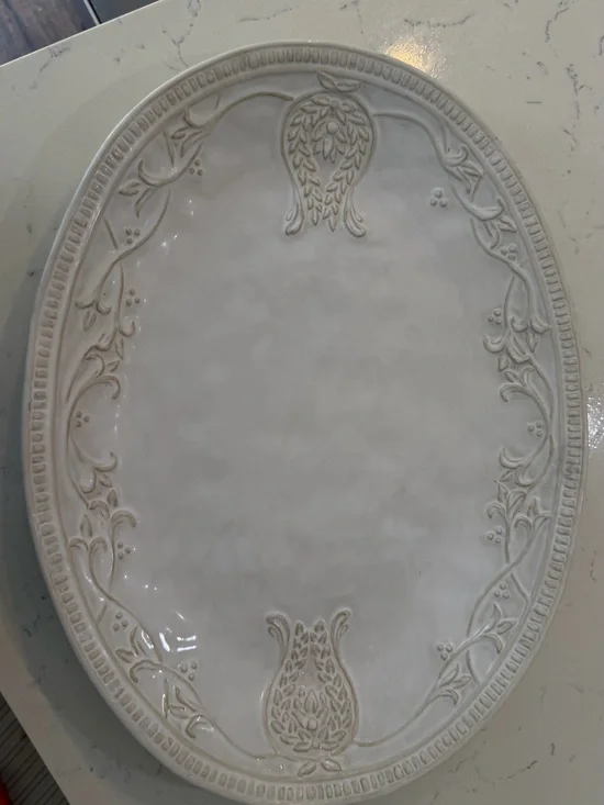 Pottery Barn Cream Ceramic Oval Serving Platter with Embossed Floral Motif
