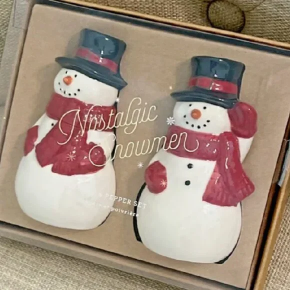 NEW Pottery Barn Nostalgic Snowmen Ceramic Salt + Pepper Shakers | Christmas Set