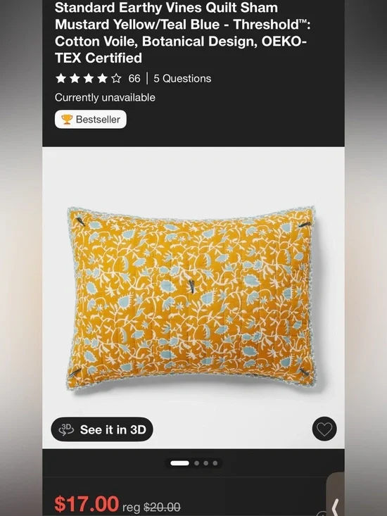 Target Yellow Floral Quilted Pillow Sham‎ with Light Blue Accents (1 Sham)