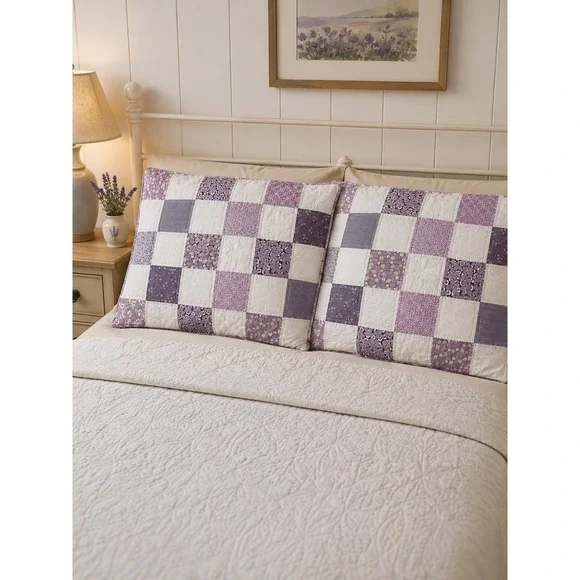Handmade Purple Patchwork Quilted Standard Pillow Shams Set of 2 Cottage Floral