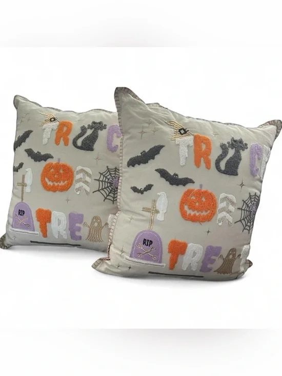 Halloween Embroidered Trick or Treat Toss Pillow Pair - Cream & Orange