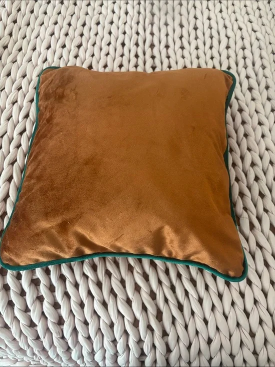 Velvet Throw Pillow in Caramel with Green Piping