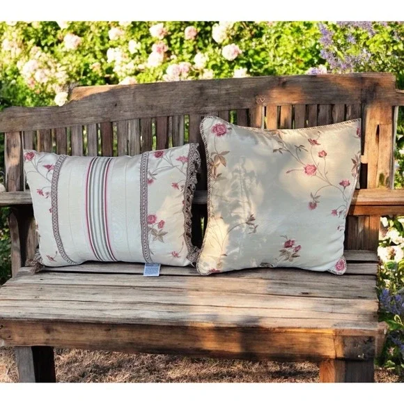 Croscill Rose Garden Floral Throw Pillows x2 16x16 & 16x12 Embroidered Tassels