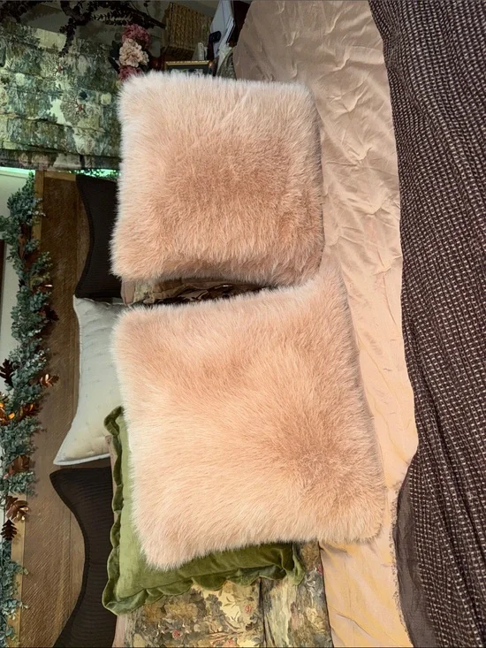 Anthropologie Blush Faux Fur Throw Pillows - Set of 2