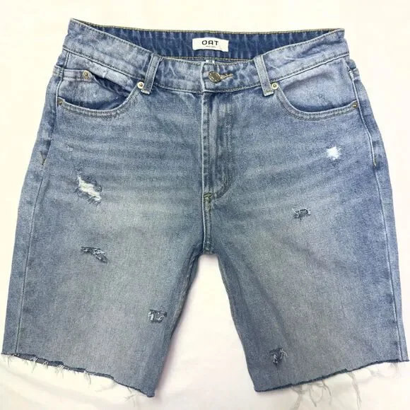 oat new york denim long line distressed high-rise bermuda shorts size 28”