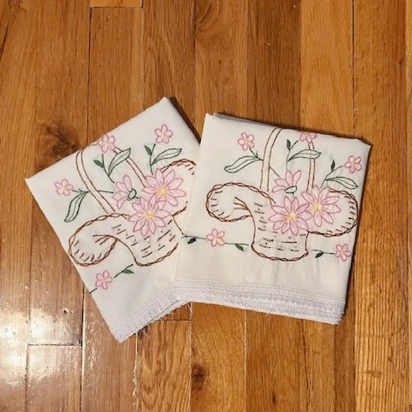 Vintage pair‎ of pillowcases, basket and floral embroidery