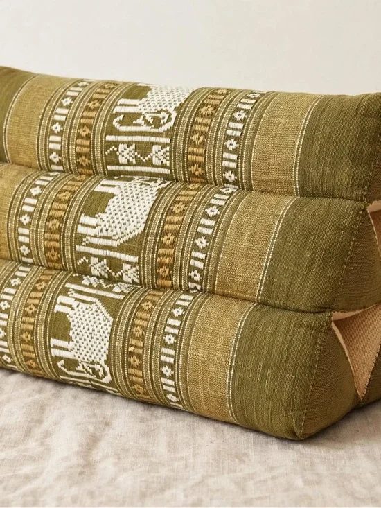 Olive Green Elephant Pattern Triangular Floor Cushion Pillow- Thai Traditional