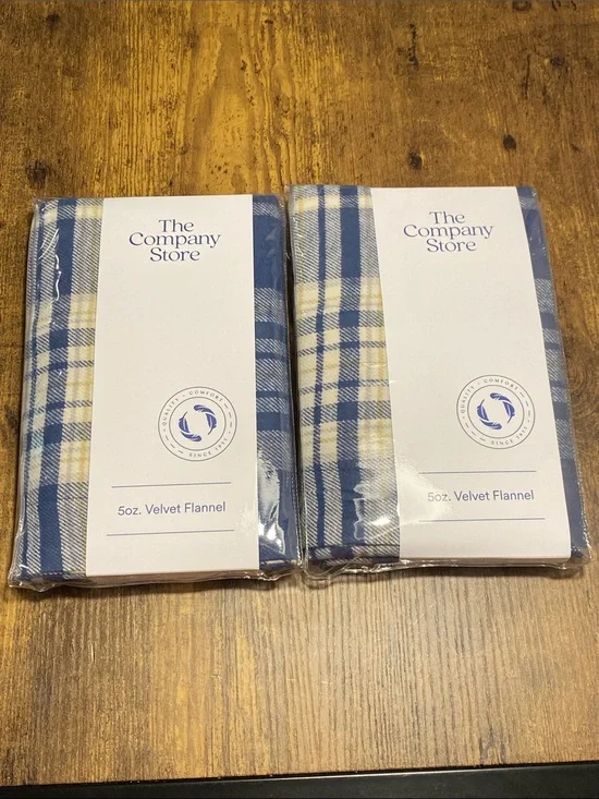 NWT 2X The Company Store Blue and Cream Plaid Velvet Flannel Pillowcases