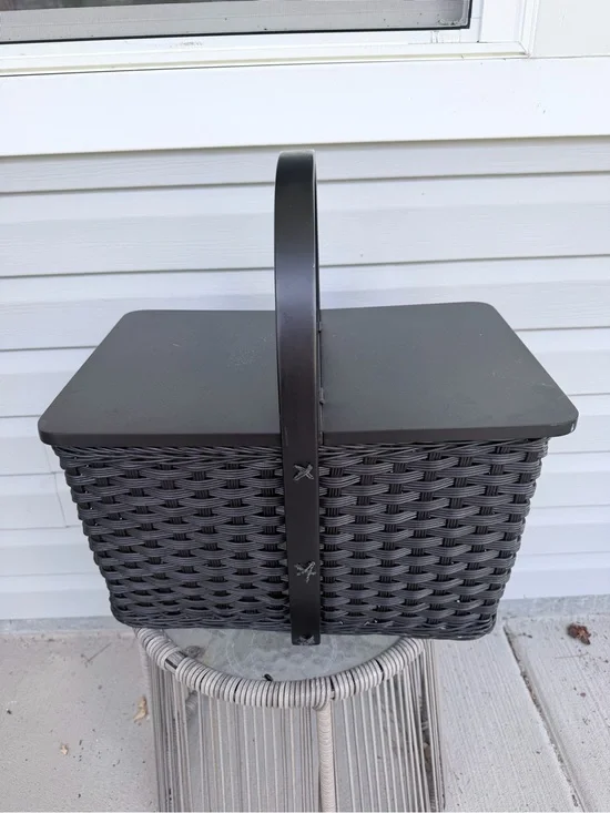 Gothic black picnic basket with wooden handle and wooden lid by pottery barn