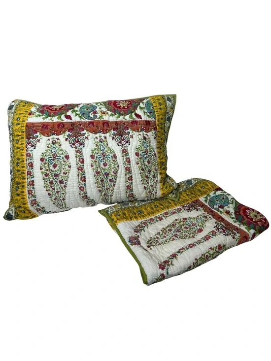 Pottery Barn Vintage Cotton‎ Quilted Cream Floral Garden Boho Set 2 Pillow Shams