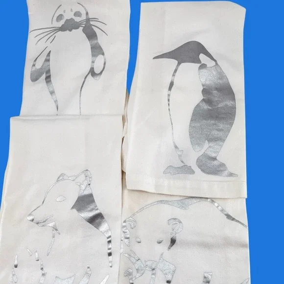 4 Pottery Barn Arctic Animal Tea Towels Silver Metallic White Cotton 20x30
