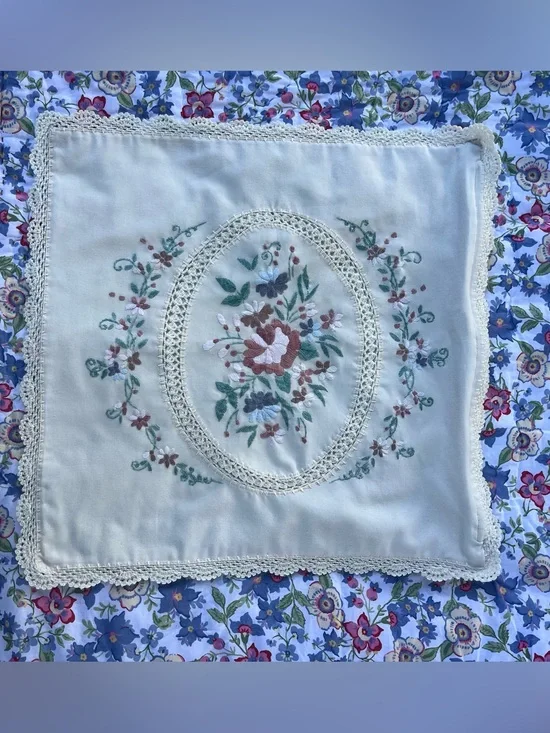 16x16” Vintage Embroidered Pillowcase 100% Cotton