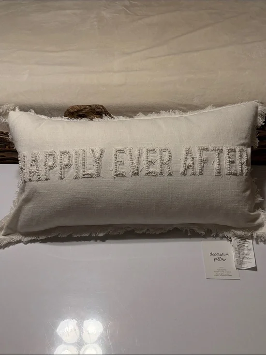 Decorative Cream Feather Filled Fringe Lumbar Pillow “Happily Ever After” 14x27