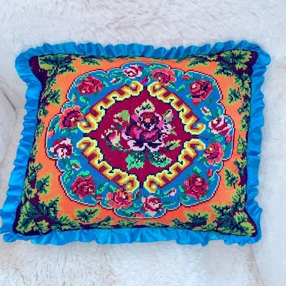 Handmade Ukrainian Pillow Floral Decorative Aqua Ruffled Vintage‎ 18