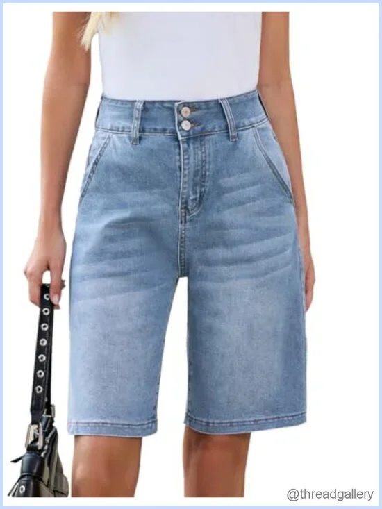 Women's Long Stretchy Bermuda Denim Shorts High Waisted Baggy Jorts