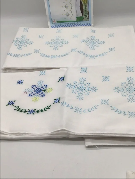 Set of 2 standard size Embroidered Pillowcases with Blue and Green Snowflake