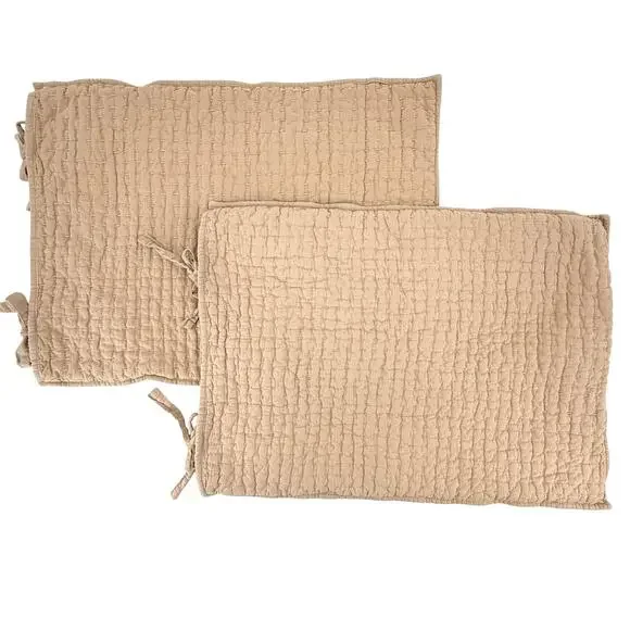Pottery Barn Pickstitch Standard Pillow Shams Lot Set of 2 Tan Cotton Linen