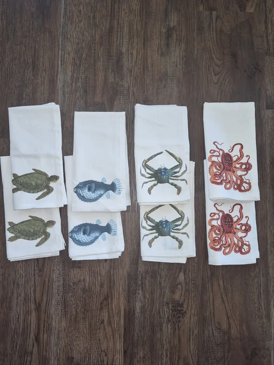 8 Pottery Barn Playa Sea Life Napkins/towels Octopus Turtle Crab Puffer Fish