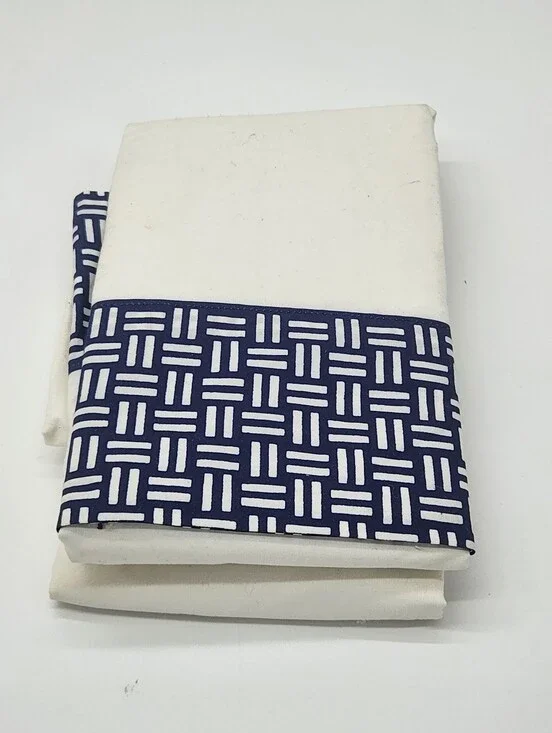 Ralph Lauren King Pillowcases Set of 2 Navy Basketweave Trim White
