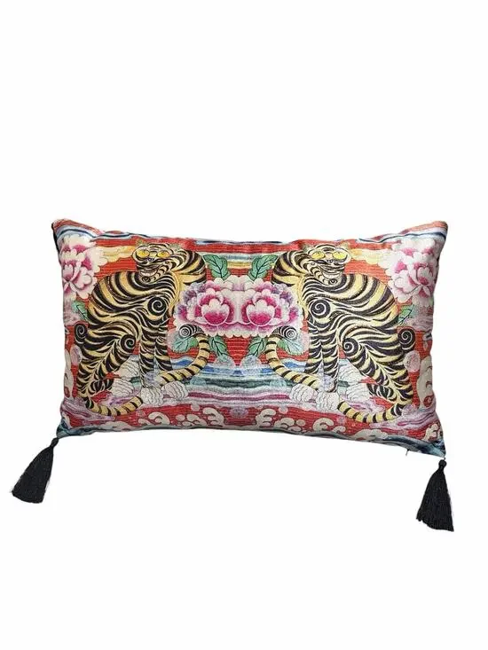 Tiger Chinoiserie Lumbar Pillow 24x12 Velvet Tassel Asian Floral Decorative NWOT