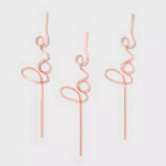 Spritz Heart Shaped Pink Love Script Straws 3ct Reusable Plastic Drinkware Party