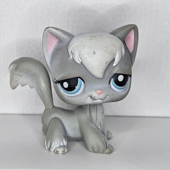 LPS‎ Hasbro #345 Grey/White Angora Longhair Cat Blue Eyes 2007 Collectors Rare