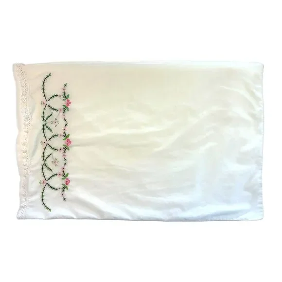 Cottagecore Hand Embroidered White Pillowcase Floral Wavy Lace Trim Vintage EUC