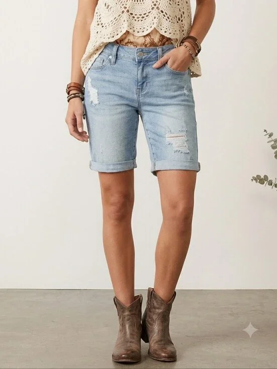 Liverpool Corine Rolled Cuff Denim Walking Shorts Distressed Belmont Wash Size 4