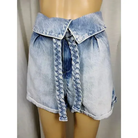 Tortoise Denim Womens Pleated Hot Pants 29 Acid Wash Mid Rise Y2K Braided Belt