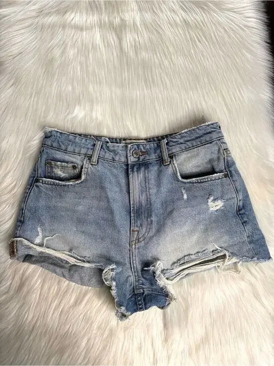 Zara Light Wash Distressed Denim High Waisted Cut Offs