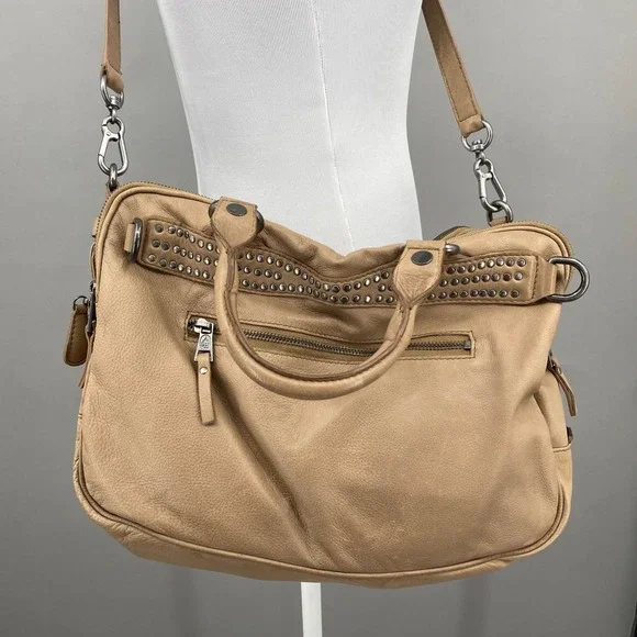 ASH Tan Leather Studded Satchel Crossbody Bag Multi Pocket Gunmetal‎ Hardware