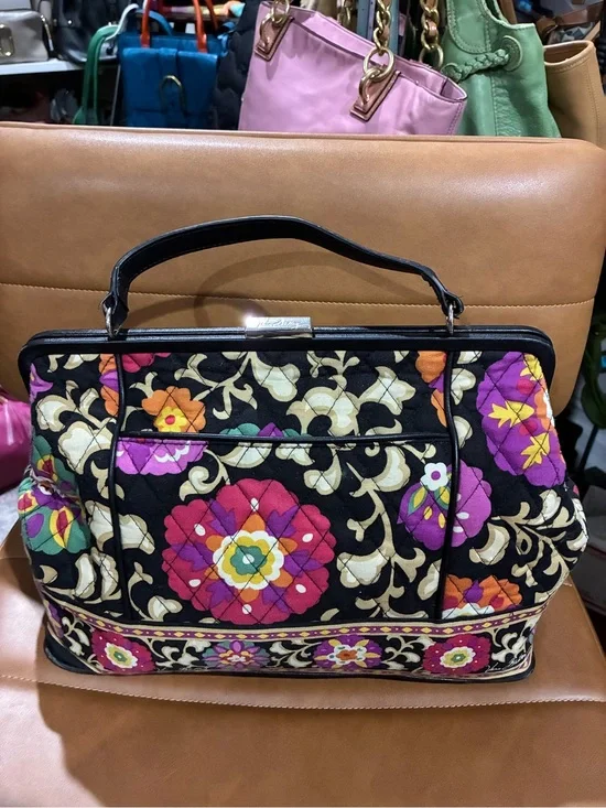 Vera Bradley Quilted Floral Frame Satchel Handbag - Black with Multicolor Floral