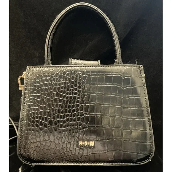 HOUSE OF WANT Newbie Satchel Bag Black Gold Hardware Croc Vegan Leather Purse