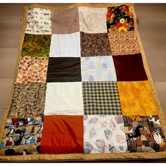 Handmade Patchwork Quilt Fall Themed Machine Sewn Faux Suede Back 40