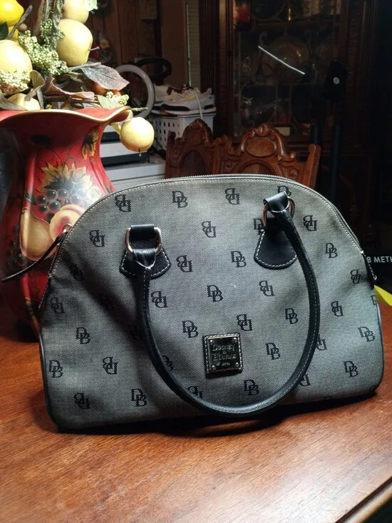 Dooney & Bourke Large Gray Monogram Canvas & Leather Trim Dome Satchel Bag GUC