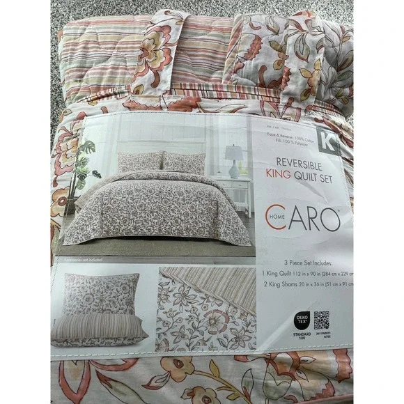 Caro Home Reversible King Quilt Set K Pink Floral NEW 3 Piece Cotton