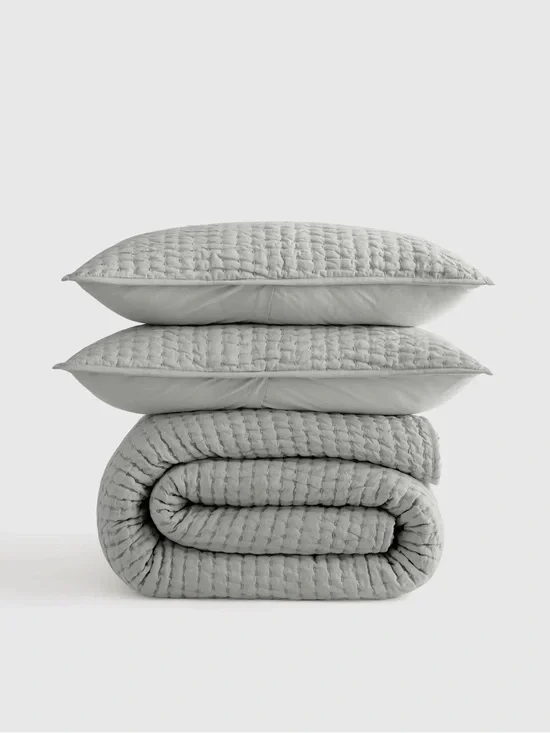 NEW QUINCE $219 Mist color European Linen Cotton Stitch Quilt Set 2 pc KING