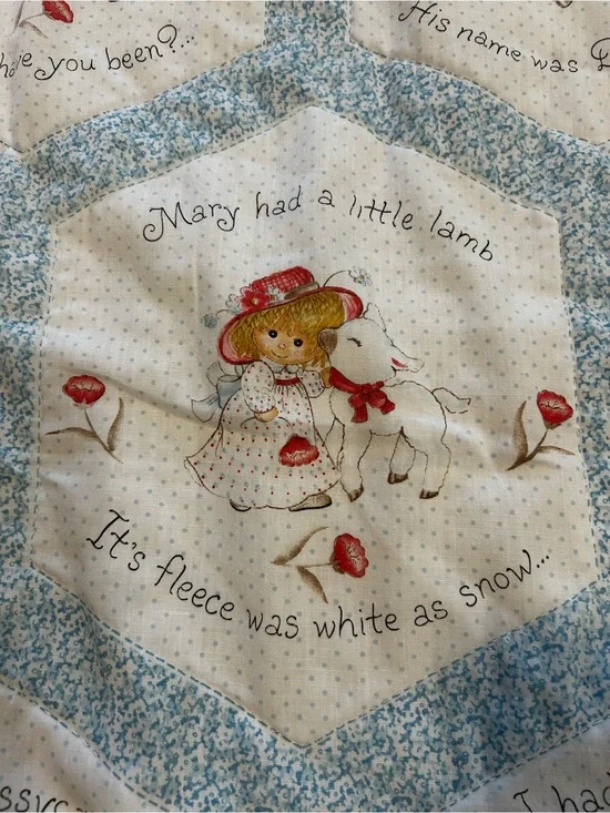 Vintage 80s baby blue and white blanket nursery rhyme spring mills hexagon 46x46